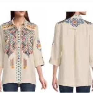 John Mark Beige Tunic Linen with Vibrant Embroidery Size Large